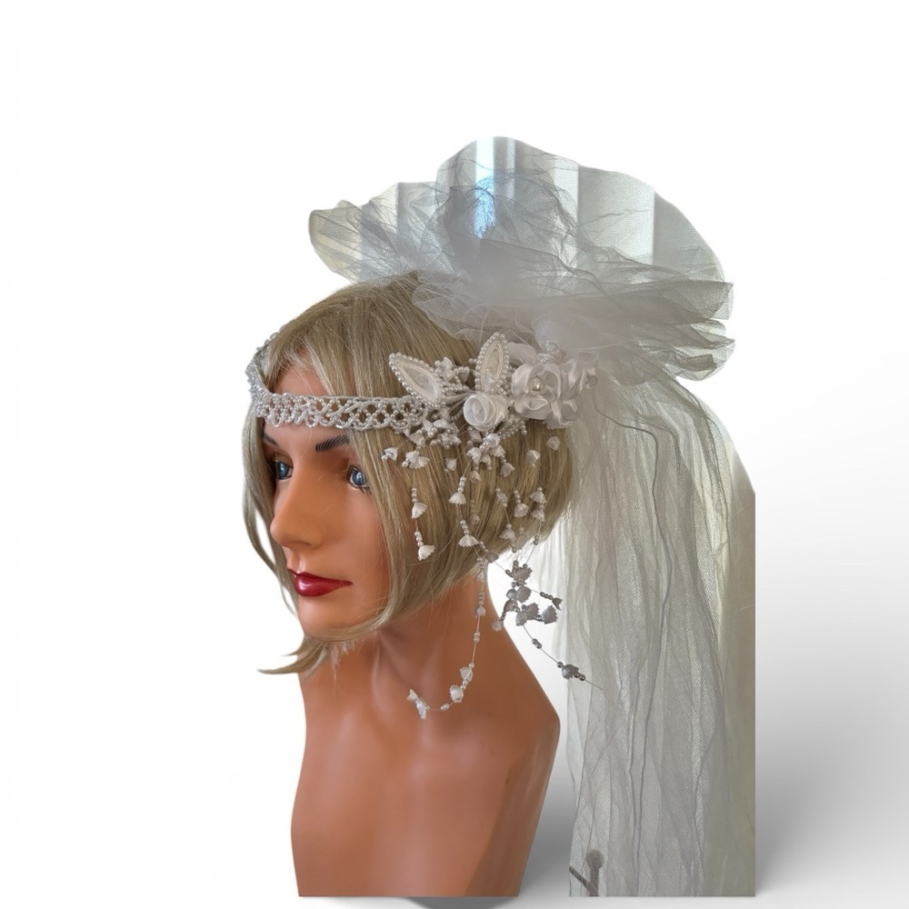 VTG Fingertip White Wedding Veil Beaded Headband Tulle Crown Ribbons Seed Pearls